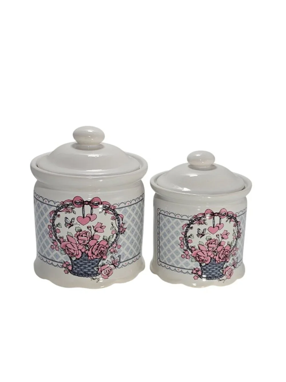 1980s Canister Set /2 Veranda Hearts Roses Basket Cottagecore vtg kitchen storag